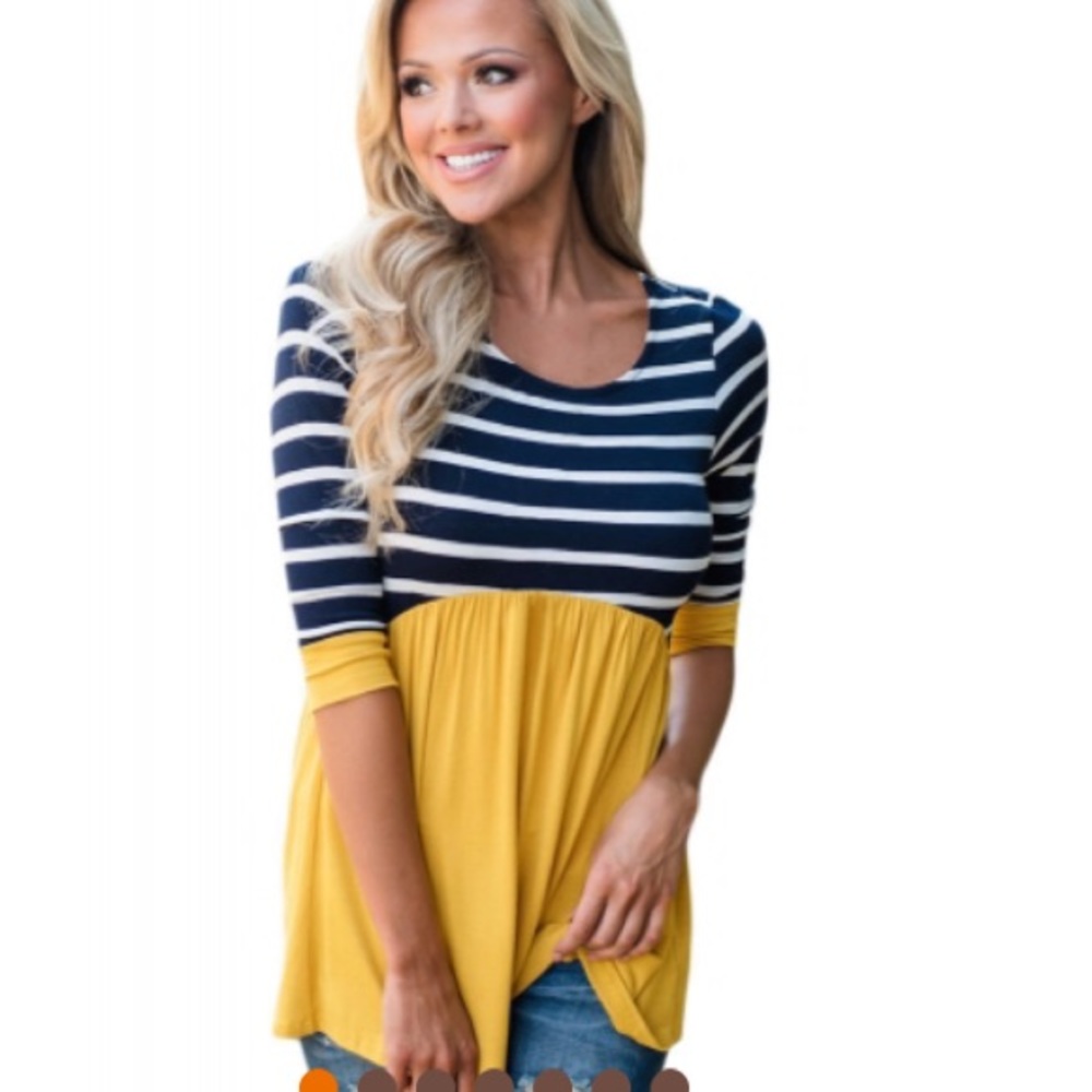 Striped Spliced Yellow3/4 Sleeve Blouse😮